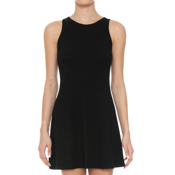 RIBBED SLEEVELESS SKATER KNIT MINI DRESS- BLACK