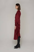 Amelia Asymmetrical Ruche Midi Dress: Wine / Medium