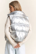 Silver Shiny Metallic Puffer Snap Button Vest