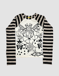 Long-sleeve shirt with black and white striped sleeves and a central graphic design on a light gray background
