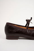 A close-up side view of a dark brown leather ballet flat shoe with a low block heel and a matching bow detail on the strap, set against a plain light background.