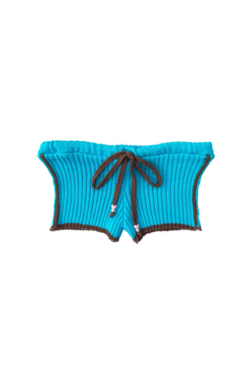 Blue ribbed shorts with black trim on a white background