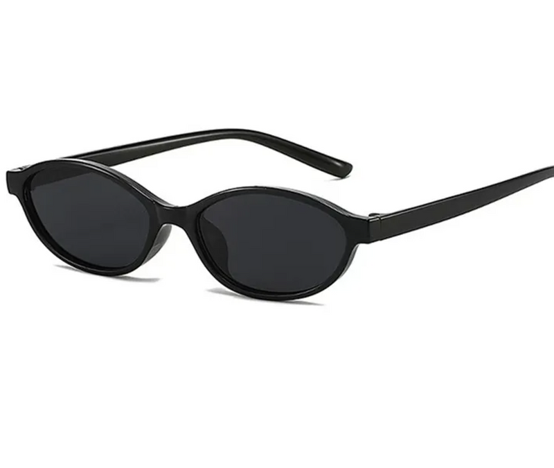 Black sunglasses with oval lenses on a white background