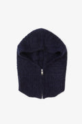 Navy blue hooded garment with a zipper on a white background