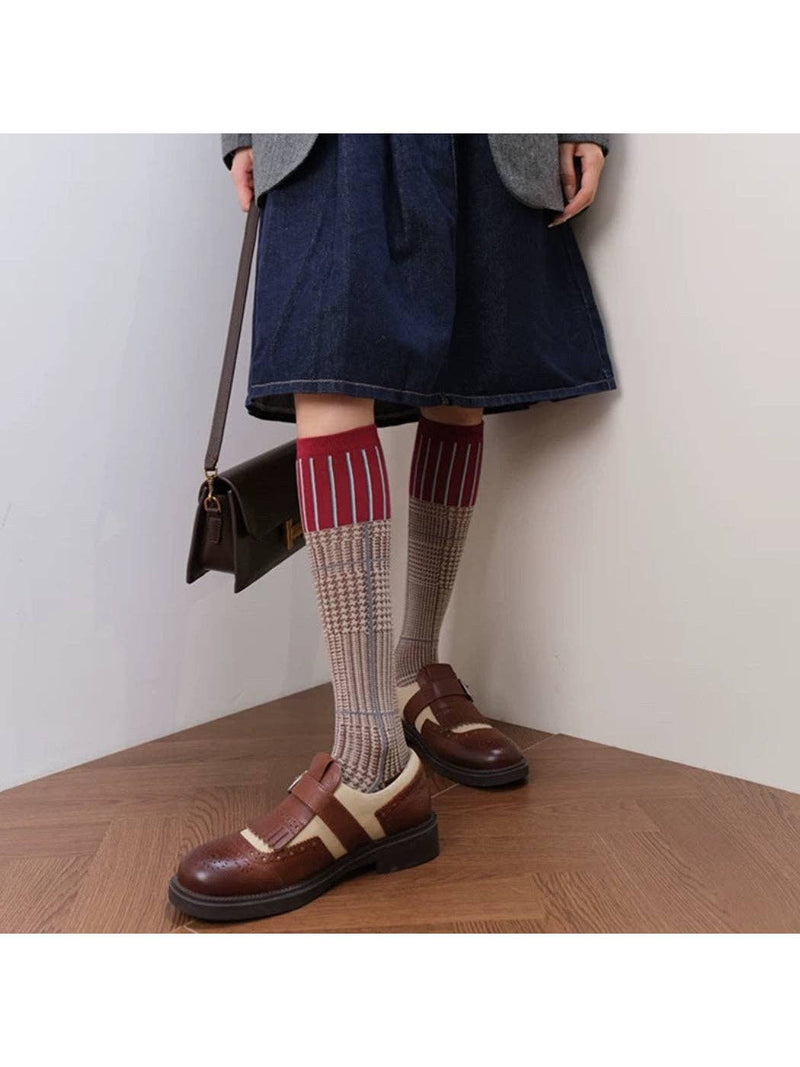 Plaid Mid-Calf Crew Sock in Khaki