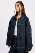 Oversized Twill Button Up Dark Denim Jacket