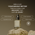 Perfume bottle on a rock with text about product features and certifications.