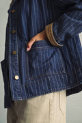 J6101   STRIPED PATTERN INDIGO DENIM BARN JACKET: INDIGO DENIM / M
