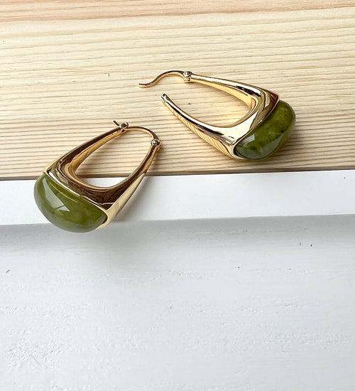 18k Gold Plated Circle Green Stone Earrings: Gold / 18k Gold Plated Brass