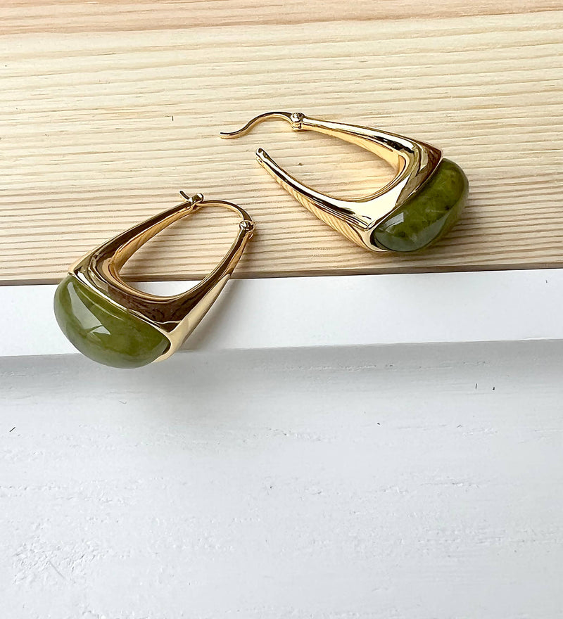 18k Gold Plated Circle Green Stone Earrings: Gold / 18k Gold Plated Brass