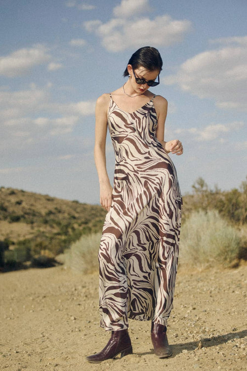model wearing brown and white zebra dress standing in desert background