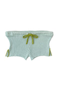 Light blue ribbed knit shorts with a green drawstring on a white background