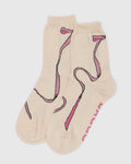 Beige socks with pink designs on a white background