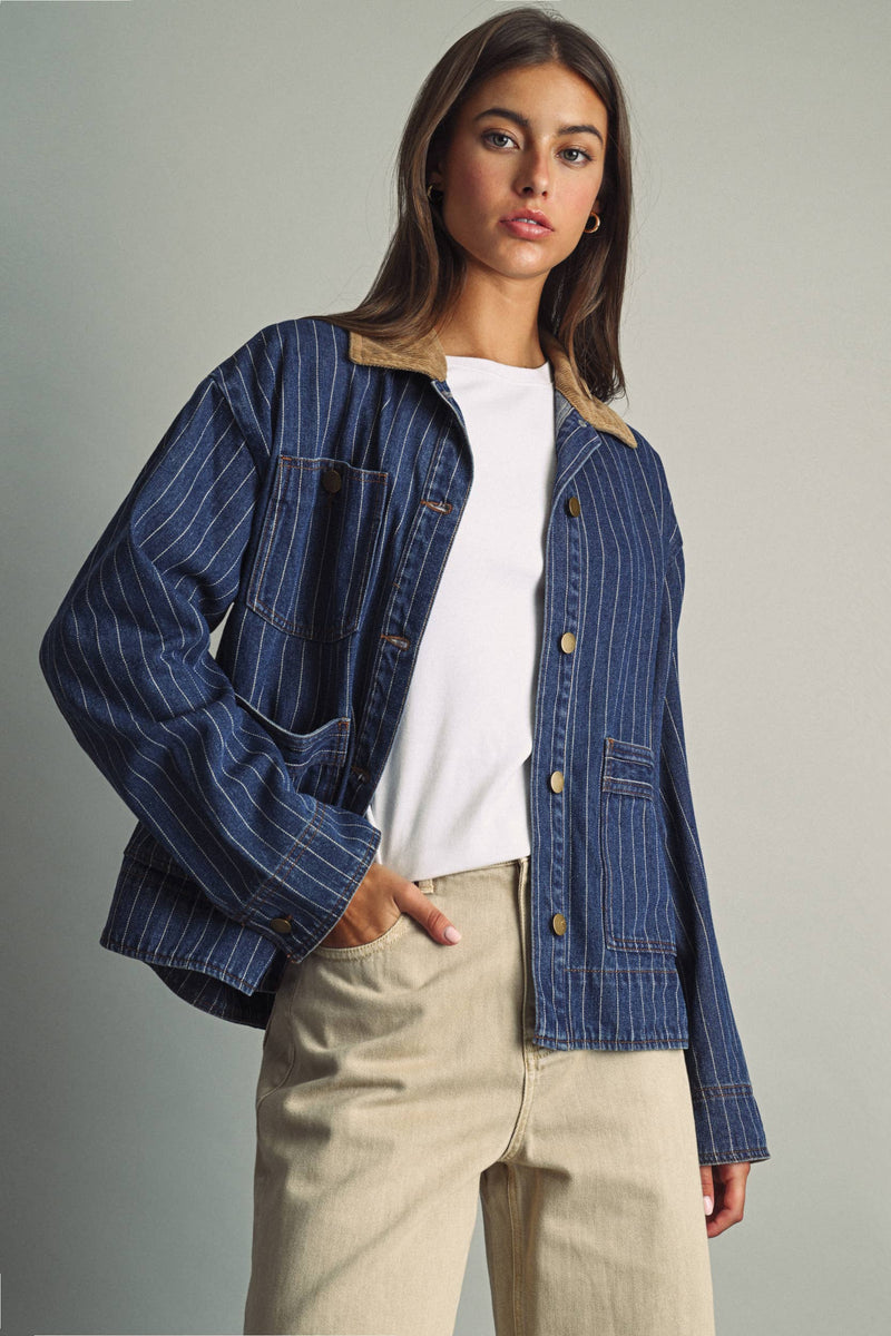 J6101   STRIPED PATTERN INDIGO DENIM BARN JACKET: INDIGO DENIM / S