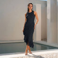 Lacey Cream Knit Dress with Asymmetrical Fringe