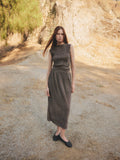 The Sab Skirt | Plaid Crinkle Midi Skirt: BROWN / SMALL