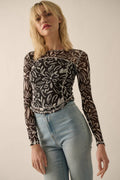 Exposed-Seam Floral Mesh Knit Top: Black