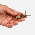 A small realistic snail figurine with a brown and yellow spiral shell and greenish body held on a person's hand against a plain light gray background.