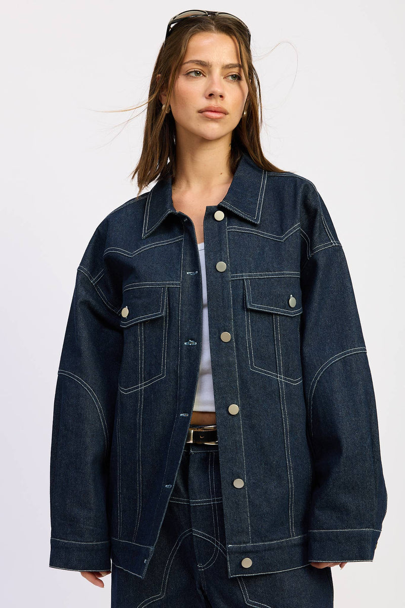 Oversized Twill Button Up Dark Denim Jacket