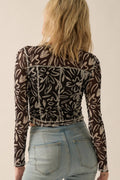Exposed-Seam Floral Mesh Knit Top: Black