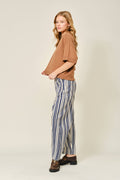 STRIPED COTTON BARREL PANTS: NAVY STRIPE
