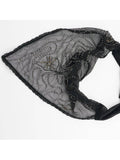 Black lace headscarf with floral embroidery on a white background