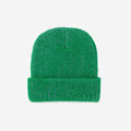 Green knit beanie on a white background