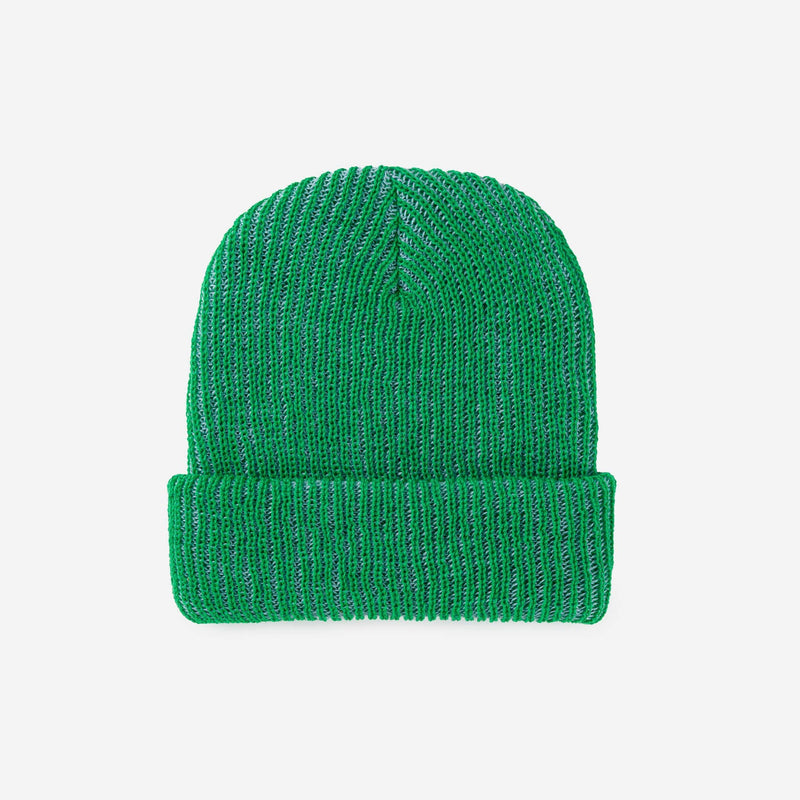 Green knit beanie on a white background