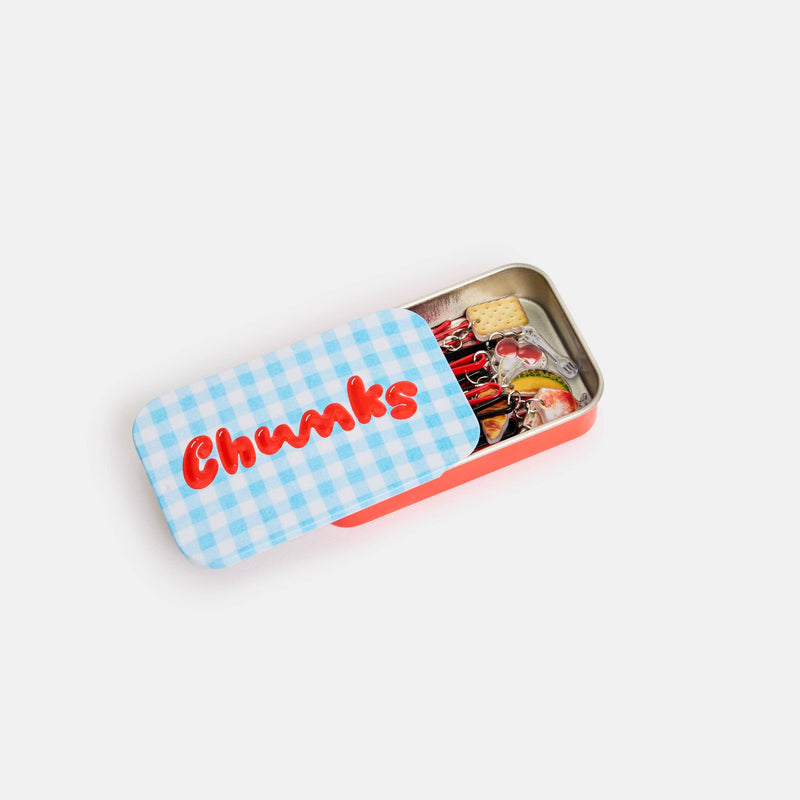 Tin box with 'Chunks' text on a white background