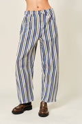 STRIPED COTTON BARREL PANTS: NAVY STRIPE