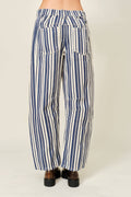 STRIPED COTTON BARREL PANTS: NAVY STRIPE