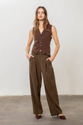 Brown Pleated Pants with Belt