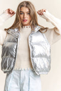 Silver Shiny Metallic Puffer Snap Button Vest