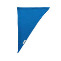 Blue triangular scarf with a brand label on a white background