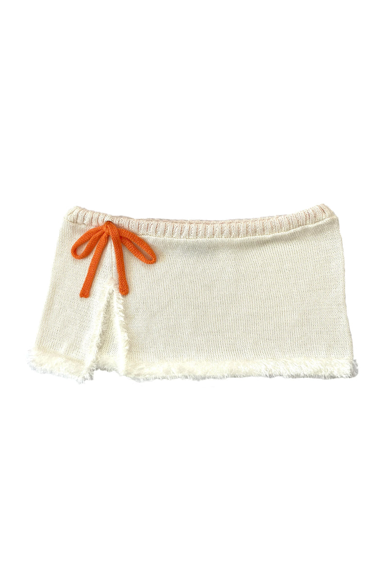 White shorts with orange drawstring on a white background