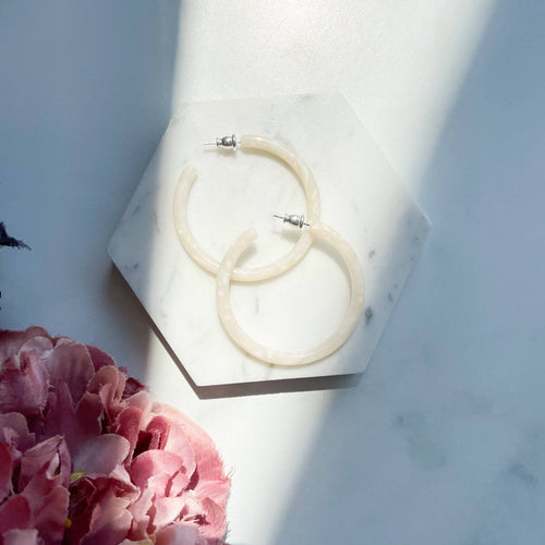 Thin Round Hoops in Opal | White Pearl Earrings
