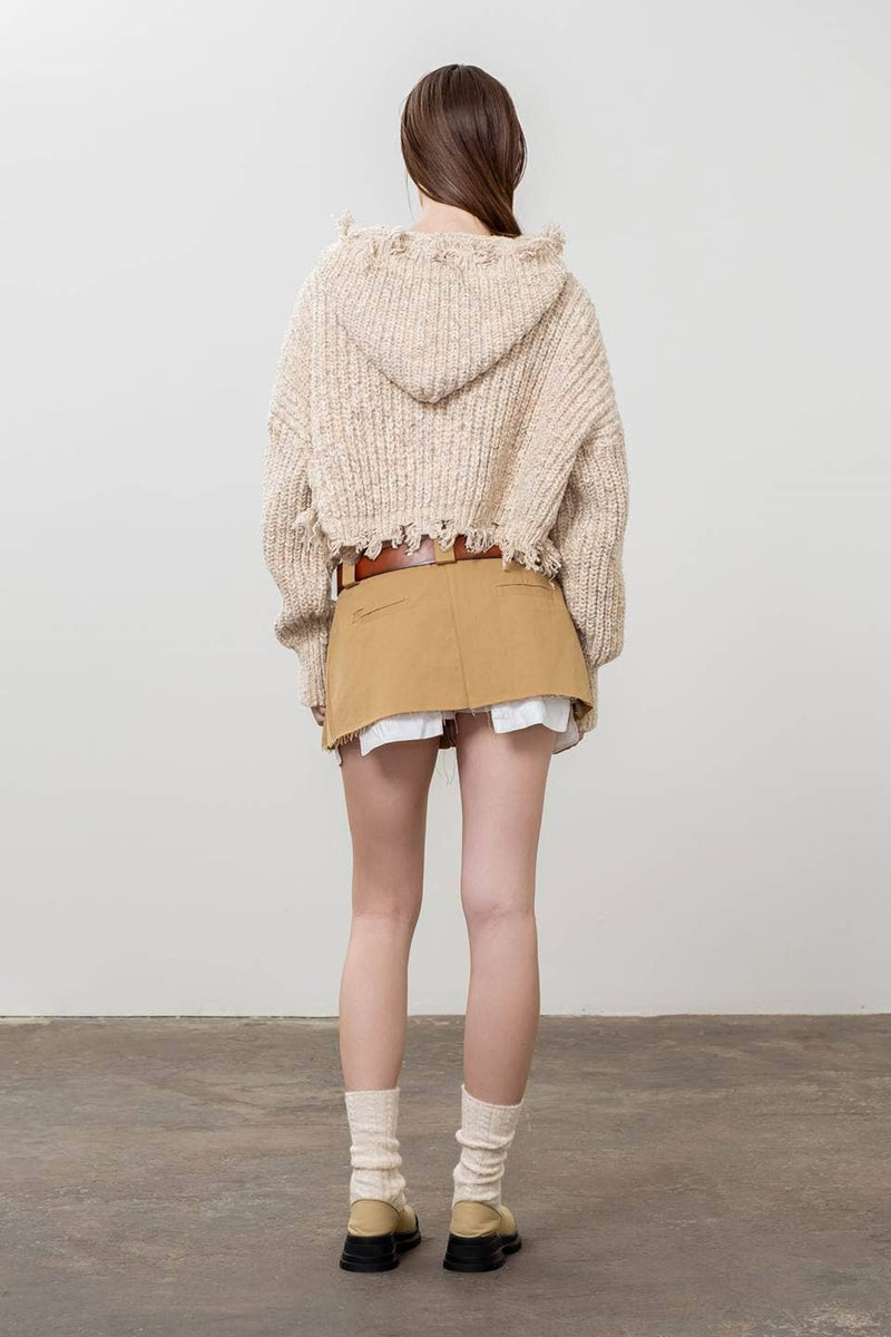 ROUGH HEM HOODIE KNIT JACKET: OATMEAL