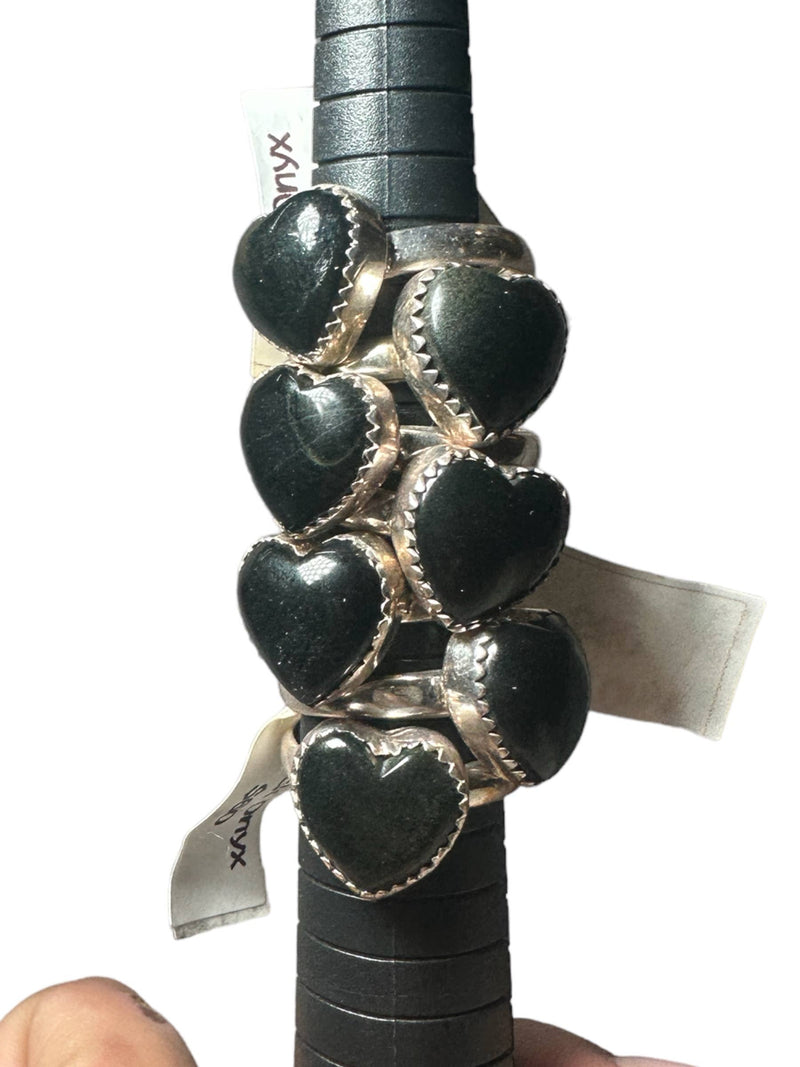 Sterling Silver Black Obsidian Heart Shaped Rings (Set of 7)