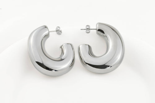 Chunky Elongated Hoops - Oversized Thick Oval Hoop Earrings: Silver