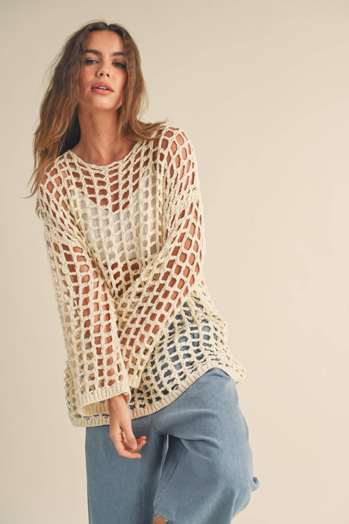 T3398 CORCHET KNITTED TUNIC TOP: CREAM / M/L
